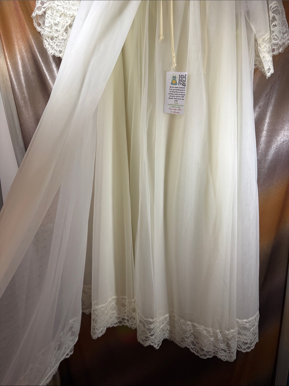 Vintage 60’s 2 piece pinafore Cream Lace-Trim Nightgown Soft Sheer. DD - Picture 4 of 11